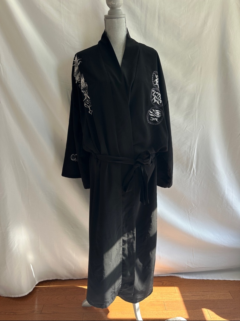 Black Embroidered Dragon Silk/Satin Kimono Robe with Belt